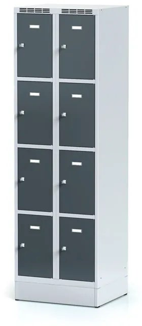 Alfa 3 Šatníková skrinka na sokli s úložnými boxami, 8 boxov, 1920 x 600 x 500 mm, otočný zámok, tmavosivé dvere