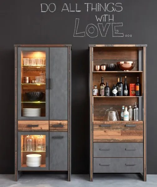 Vysoká vitrína Prime, vintage optika dreva