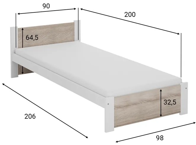Posteľ IKAROS 90 x 200 cm, biela/dub sonoma Rošt: S latkovým roštom, Matrac: Matrac COCO MAXI 20 cm