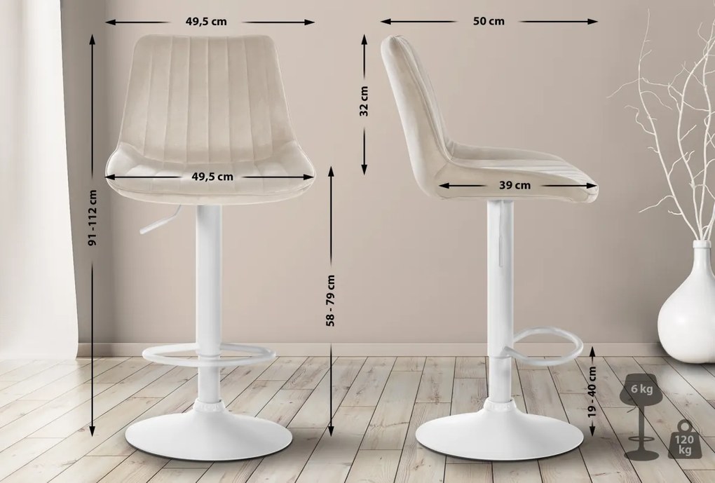 2x Barová stolička Toni - zamat, biely rám Krémová