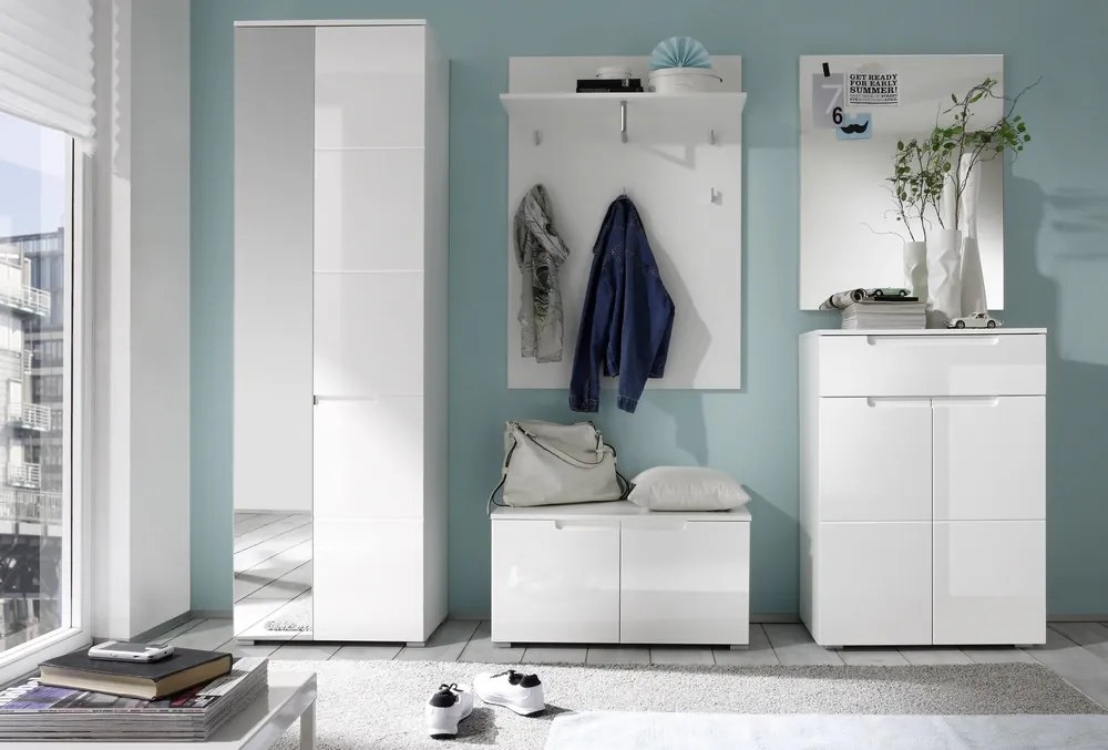 Skriňa so zrkadlom Spice, lesklá biela