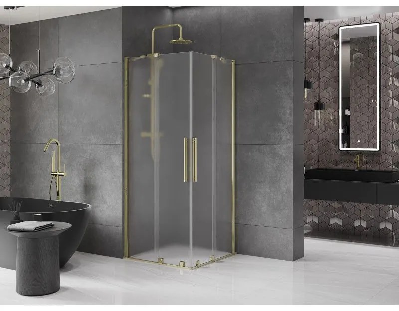 Mexen Velar Duo, sprchový kút s posuvnými dverami 100 x 100 cm, 8mm sklo námraza, zlatá lesklá, 871-100-100-32-50