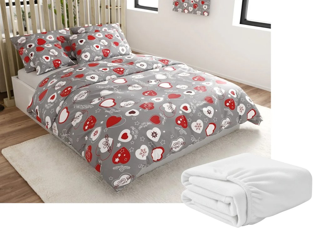 Sada mikroplyšových obliečok CHRISTMAS HEART sivé + plachta mikroplyš SOFT 180x200 cm biela, dvojlôžko