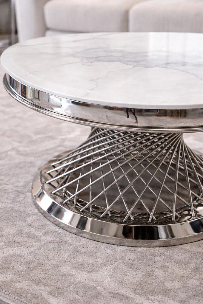 OKRÚHLY KONFERENČNÝ STOLÍK AUDREY BIELY MRAMOR + STRIEBORNÝ 80 cm