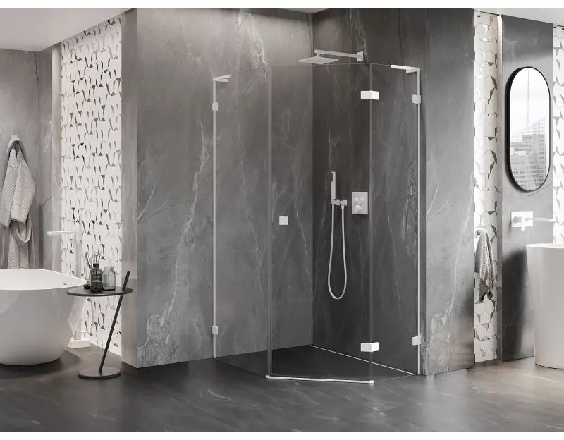 Mexen Lunar, L pravý výklopný päťuholníkový sprchový kút 90 x 100 cm, 8mm číre sklo, biely profil, 831L-090P-100L-20-00-P