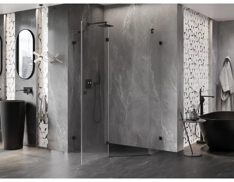 Mexen Lunar, Päťuholníkový sprchový kút Mexen Lunar naklápací doľava 100 x 80 cm, 8mm číre sklo, čierny profil, 831-100L-080P-70-00-L