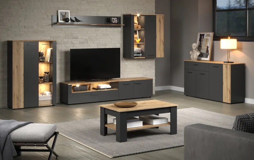 Závesná vitrína na stenu Esteban, antracit/dub evoke