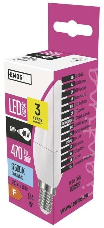 Emos LED žiarovka Classic Candle 6W E14 studená biela ZQ3222