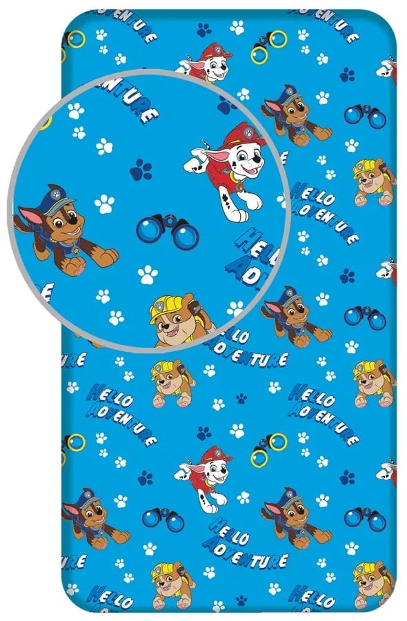 Modrá napínacia bavlnená detská plachta na jednolôžko 90x200 cm Paw Patrol – Jerry Fabrics