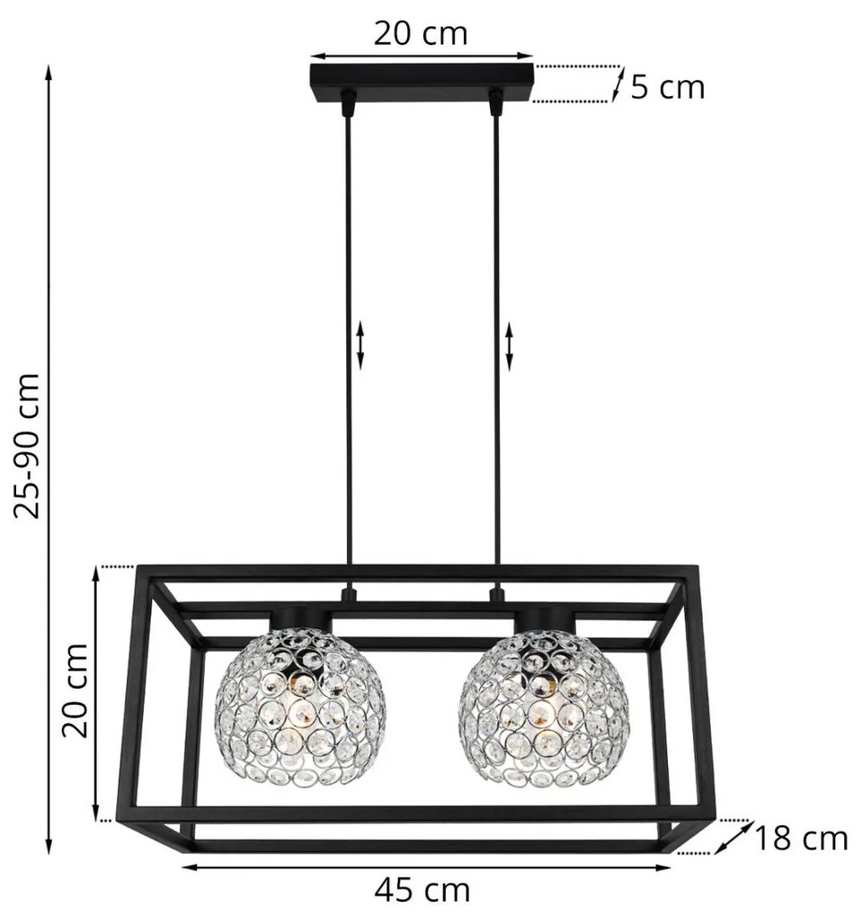 Závesné svietidlo Crystal cage, 2x strieborné krištáľové tienidlo v kovovom ráme