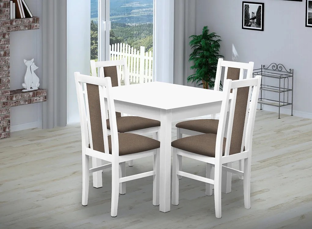 Nabytekmorava Jedálenský set Brooklyn pre 4 osoby, stôl 90x90 cm farba lamina: biela 113, čalúnenie vo farbe: Kohútia stopa čiernobiela
