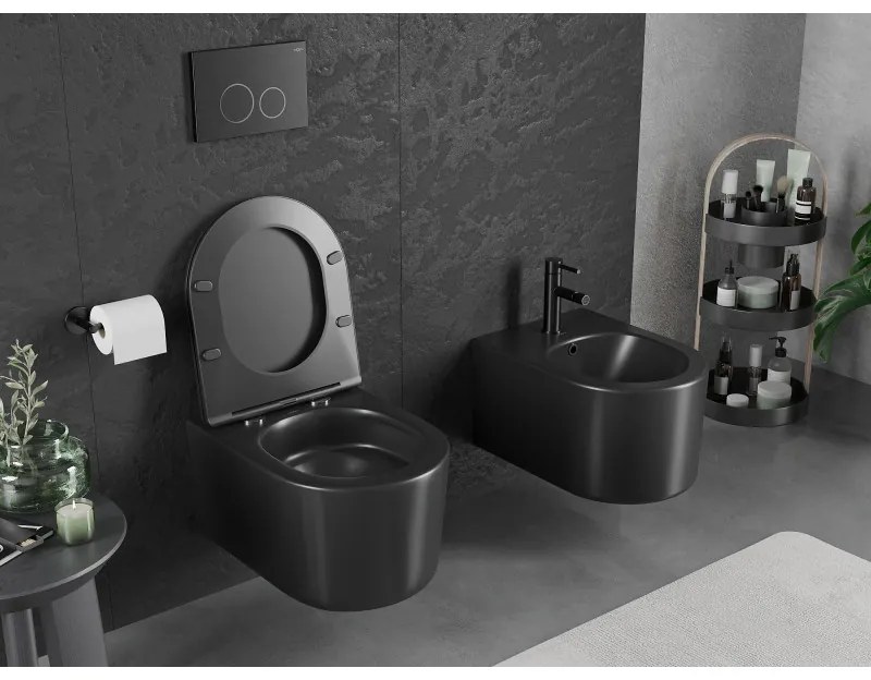 Mexen Sofia, závesná WC misa 490x360x355 mm, Rimless Tornádo + WC sedadlo z duroplastu, čierna matná, 30541085T