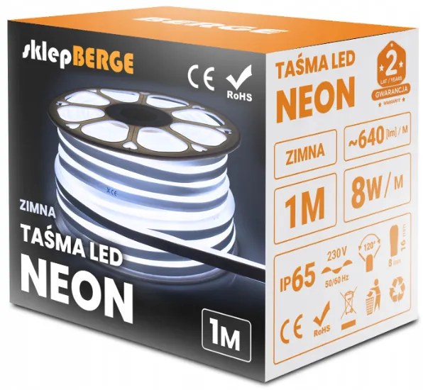 ECOLIGHT LED pásik NEON - 230V - 1m - 8W/m - IP68 - vodotesný - studená biela