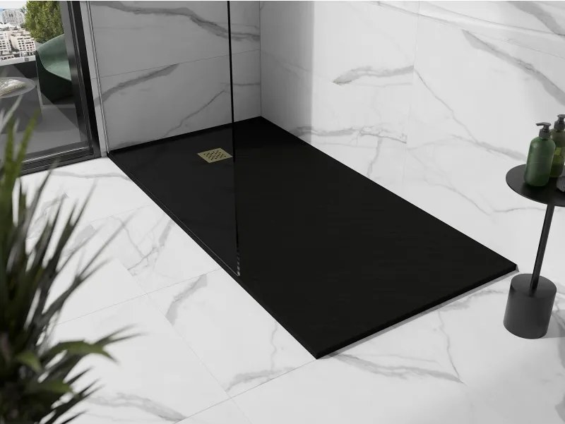 Mexen Stone+, obdĺžniková vanička z minerálneho kompozitu 160 x 100 cm, čierna, zlatá lesklá krytka, 44701016-G