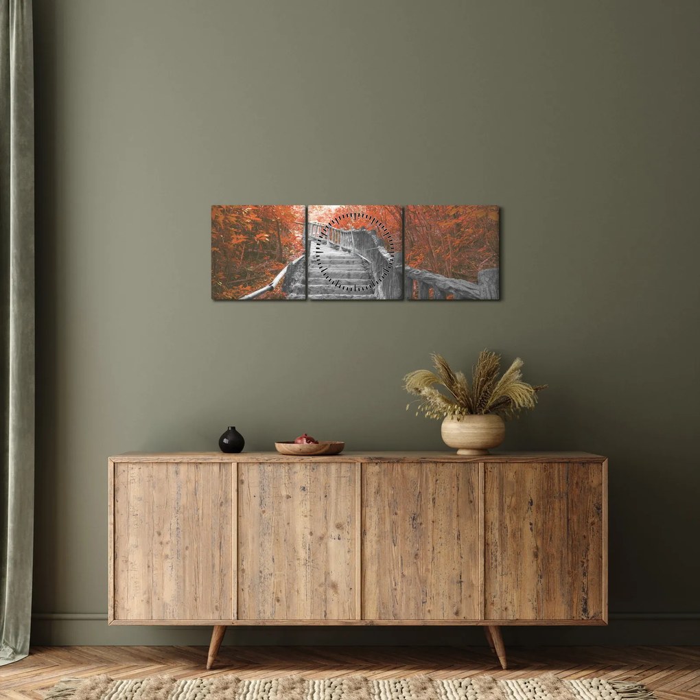Obraz - Schody v prírode, oranžová (s hodinami) (90x30 cm)