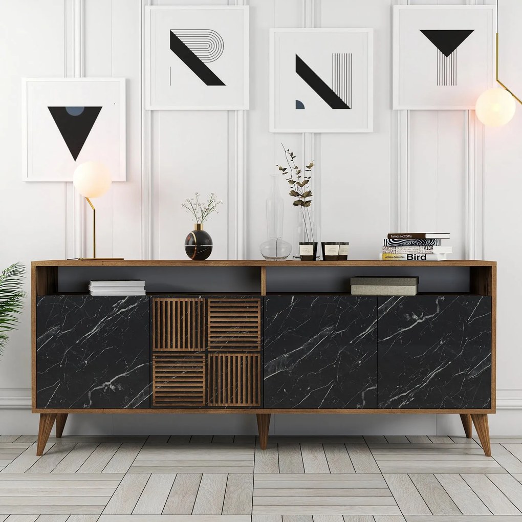 Konzolový stolík Milan - Walnut, Black Marble
