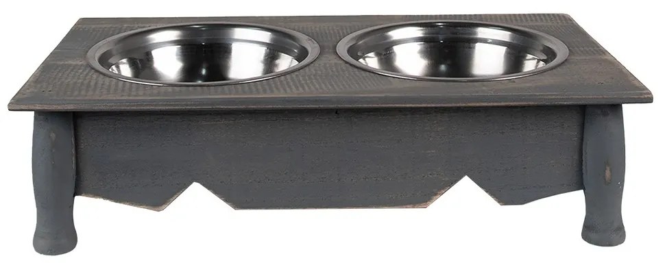 Misky pre zvieratá v šedom antik drevenom stojane - 41*22*12 cm / 2*500 ml