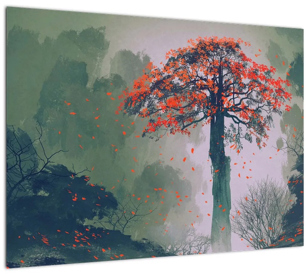 Sklenený obraz osamoteného červeného stromu (70x50 cm)