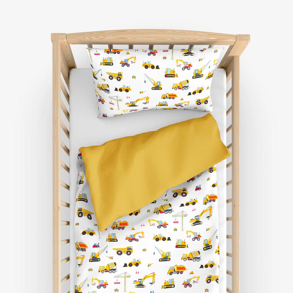 Goldea detské bavlnené obliečky do postieľky duo - nákladné autá a bagre s medovo žltou 90 x 140 a 50 x 70 cm