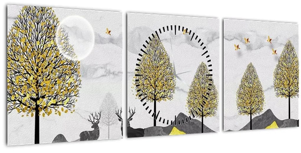 Obraz maľovaných jeleňov (s hodinami) (90x30 cm)