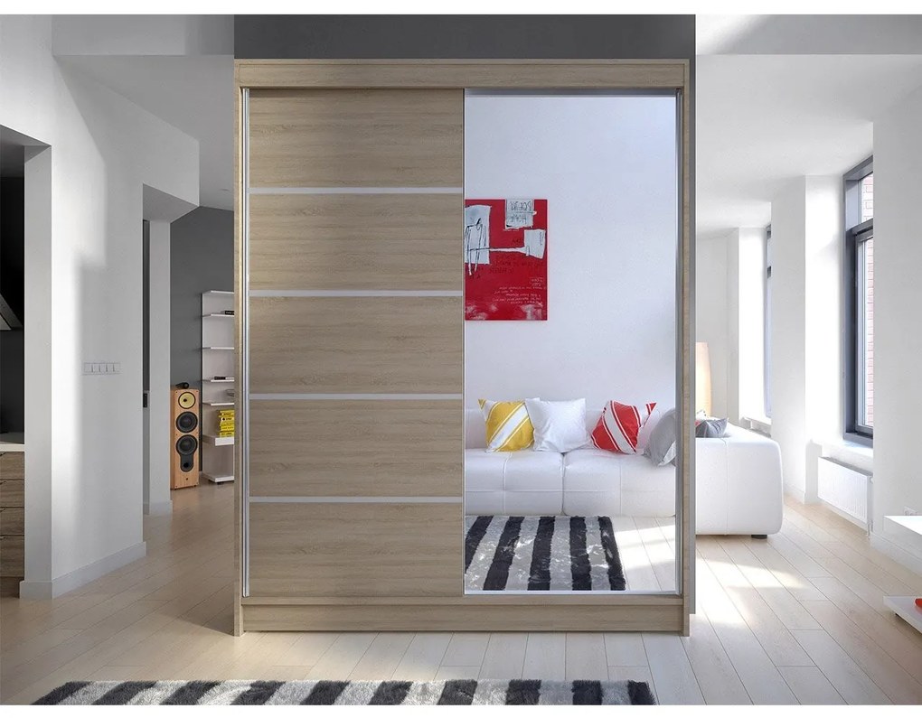Šatníková skriňa Belgia III, Farby: čierna / biela + zrkadlo, Osvetlenie: osvetlenie LED RGB - farebné