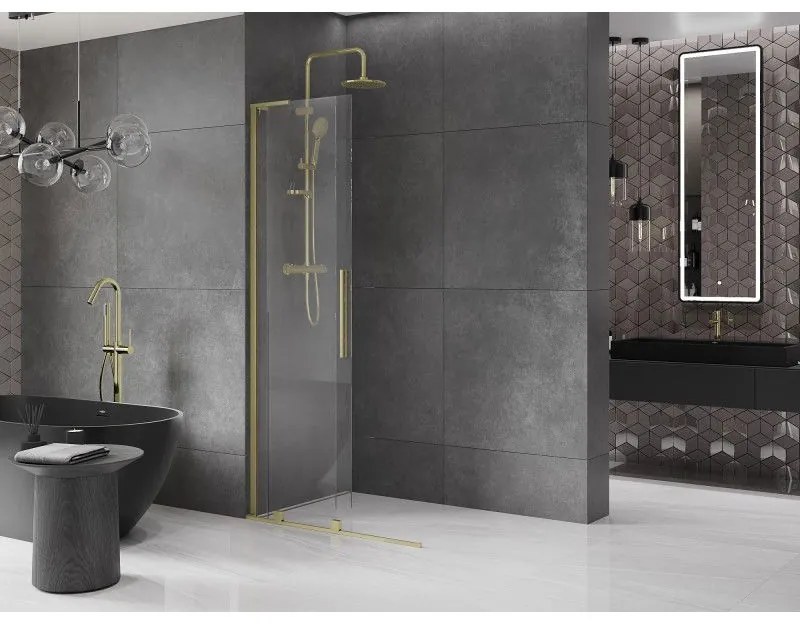 Mexen Velar L, posuvná sprchová zástena Walk-in 90 x 200 cm, 8mm číre sklo, zlatá matná, 871-090-003-03-55