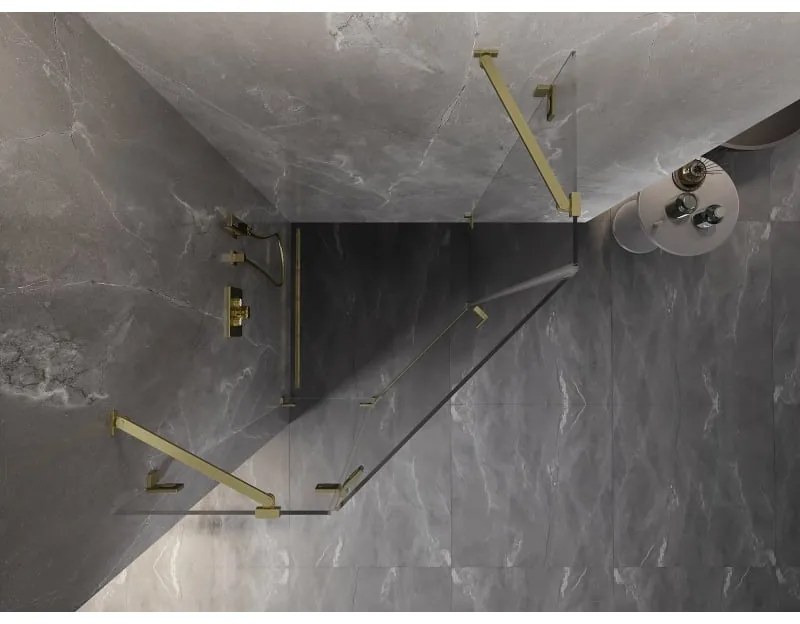 Mexen Lunar, Päťuholníkový sprchový kút Mexen Lunar s výklopným ľavým oknom 80 x 80 cm, 8mm číre sklo, zlatý matný profil, 831-080L-080P-55-00-L