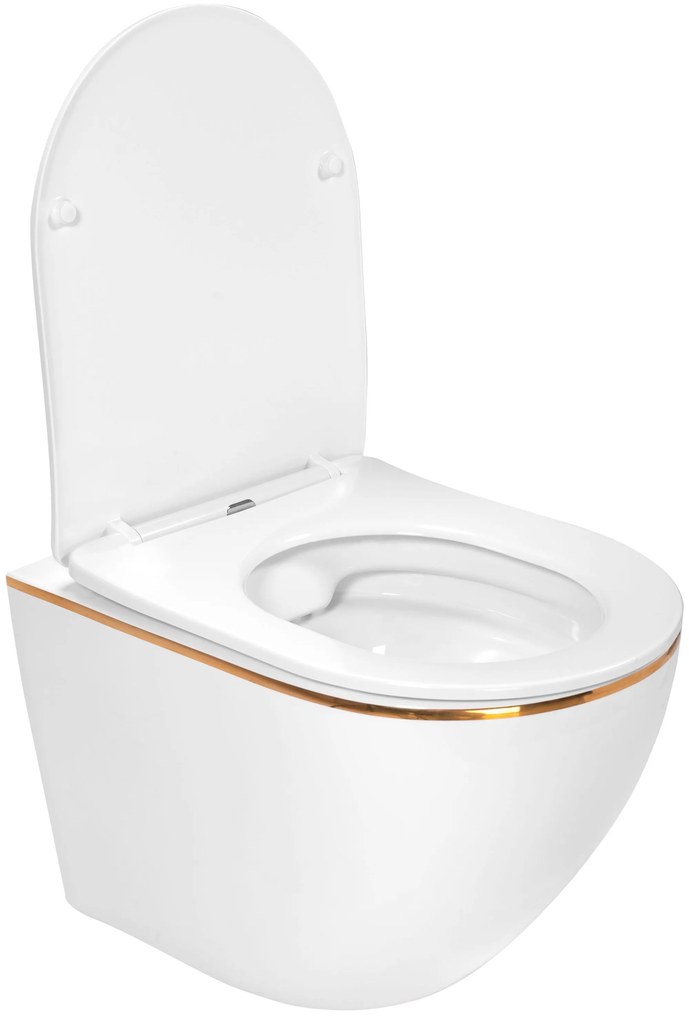 Rea Carlo Mini, závesná WC misa 49x37 cm Rimless s pomaly padajúcim toaletným sedadlom, biela-zlatý okraj, REA-C1222