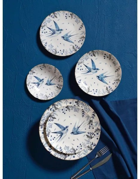 Jedálenská sada 24 ks, biela/modrá, porcelán