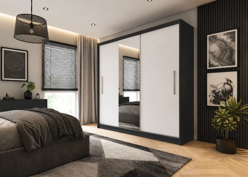 Šatníková skriňa s posuvnými dverami 232 cm so zrkadlom biela matná MES PRIMO SZP4/2/1B/2W1L/0/AL