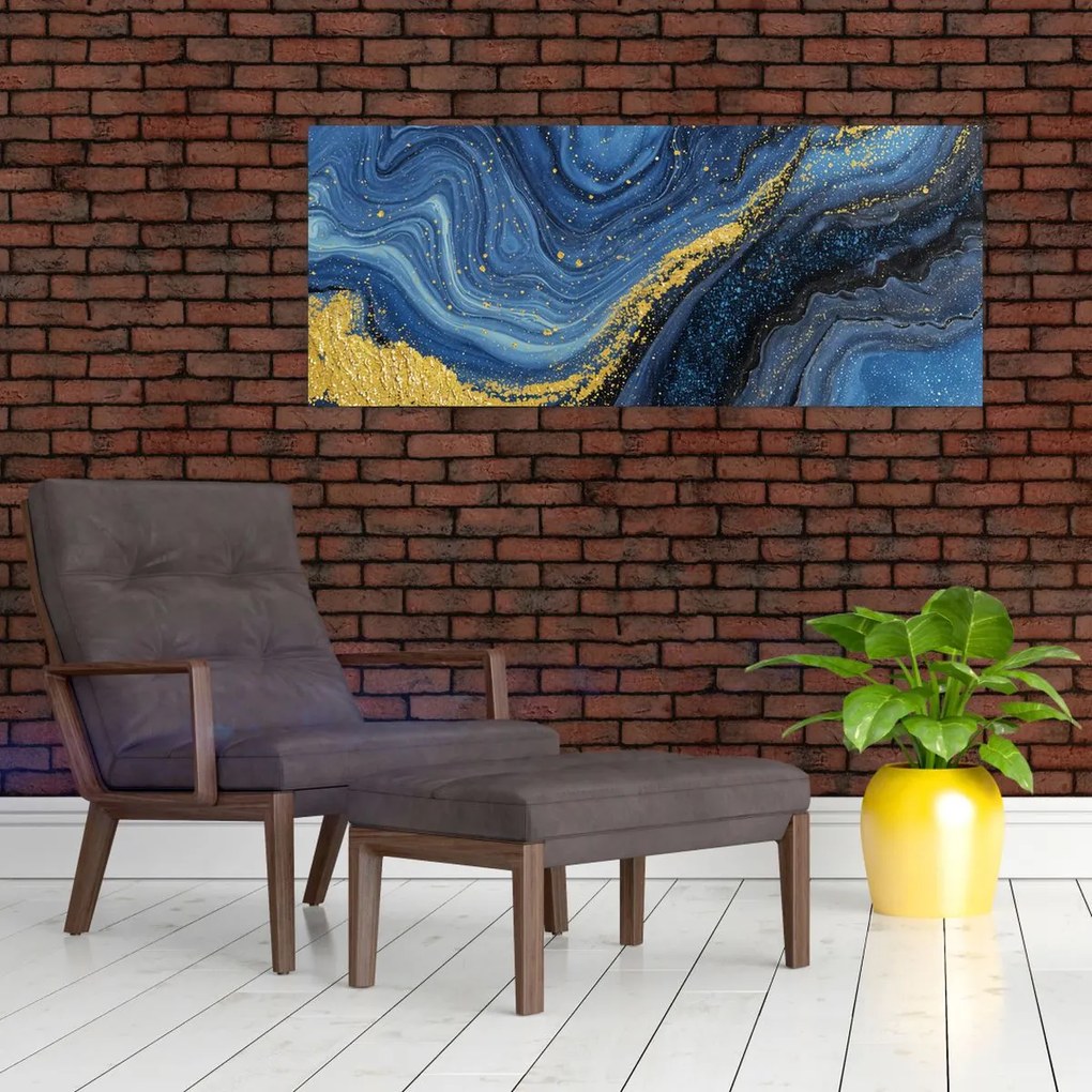 Obraz - Modro-zlatá abstrakcia (120x50 cm)