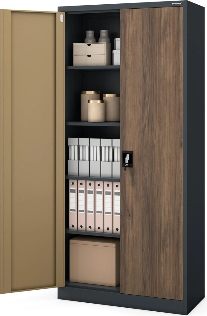 Vysoká kovová kancelárska skriňa na dokumenty, antracitová/orech, 900x1950x400 mm: JAN H Eco Design