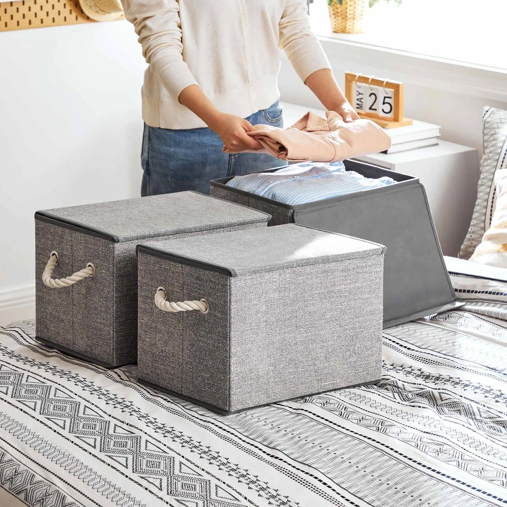 Úložné boxy s vekom, sada 3 ks, textilné, sivé