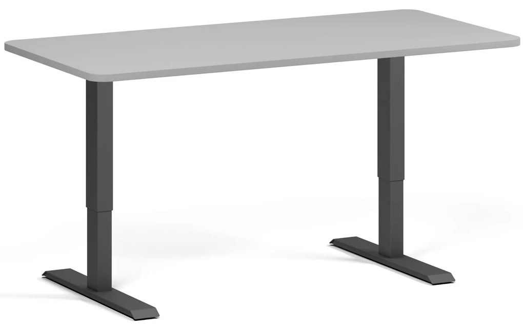 Výškovo nastaviteľný stôl, 160x80 cm, 2 motory, zaoblené rohy, čierna podnož, sivá