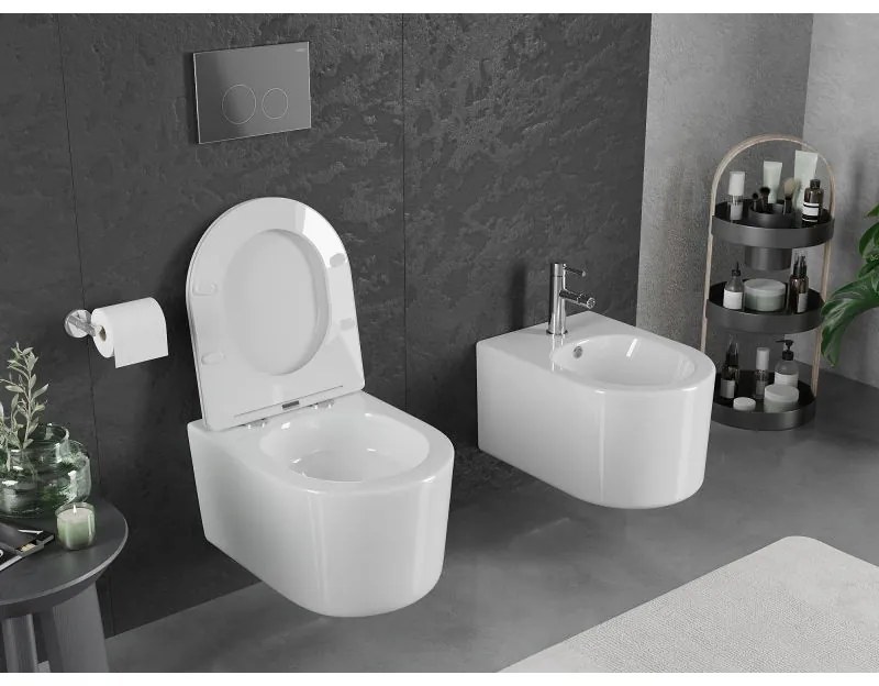 Mexen Sofia, závesná WC misa 490x360x355 mm, Rimless Tornádo + WC sedadlo z duroplastu, biela lesklá, 30540300T