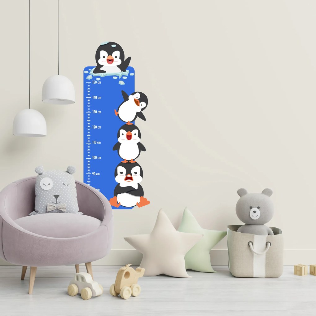 PIPPER. Detský meter - Veselé tučniaky - textilná nálepka na stenu