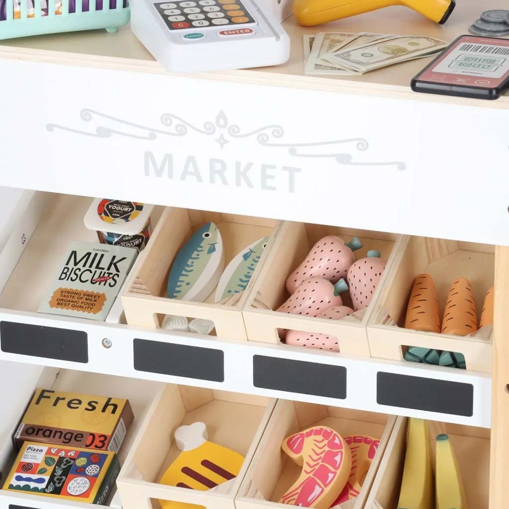 KIK Drevený stánok supermarket s pokladňou, košíkom a potravinami pre deti LULILO