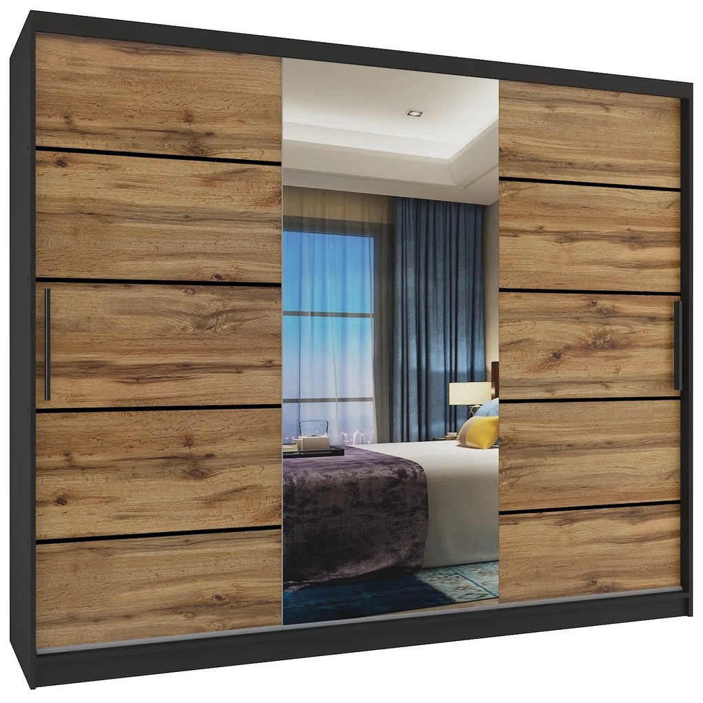 Šatníková skriňa 232 cm Belini čierny mat / dub wotan s posunými dverami zrkadlom a zásuvkami MBP SZP8/0/1B/2DW1L/0/KLP