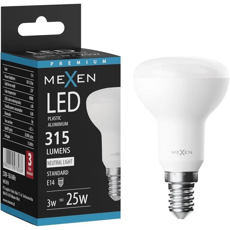 Mexen Nova, LED žiarovka E14, R50, 3W, Neutrálna - 4000K, 315 lm - L103-E14-0340-01