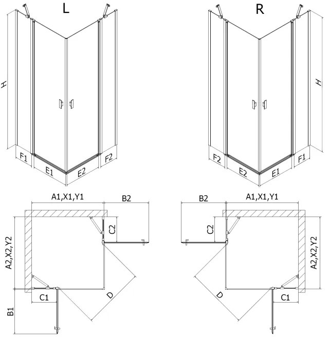 Mexen, Mexen Mist L Duo výklopný sprchový kút 105 x 100 cm, čierna mriežka - 8A4L-105L-100P-70-77
