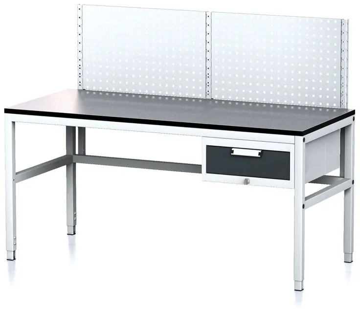 Alfa 3 Nastaviteľný dielenský stôl MECHANIC II s perfopanelom, 1 zásuvkový box na náradie, 1600x700x745-985 mm, sivá/antracit