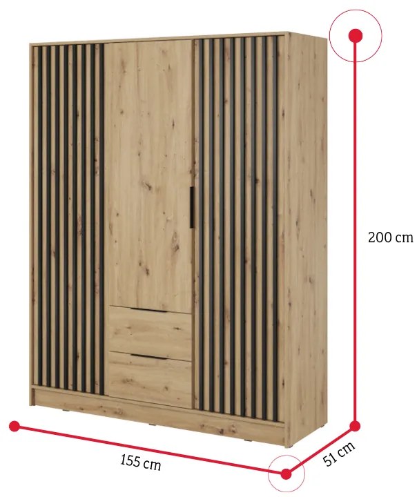 Šatníková skriňa so zrkadlom BELANDA 2D, 105x200x51, dub artisan/čierna