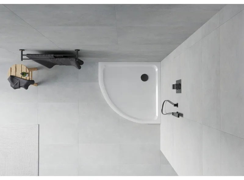 Mexen SLIM - štvrťkruhová sprchová vanička 80x80x5cm + čierny sifón, biela, 41108080B