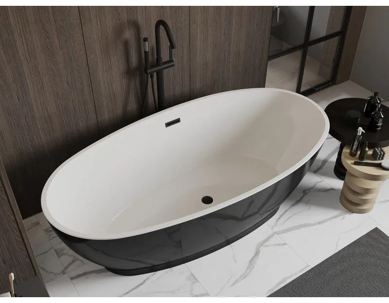 Mexen Bilbao, voľne stojaca vaňa 180 x 90 cm, biela-čierna, čierny matný prepad, 51311809075-70