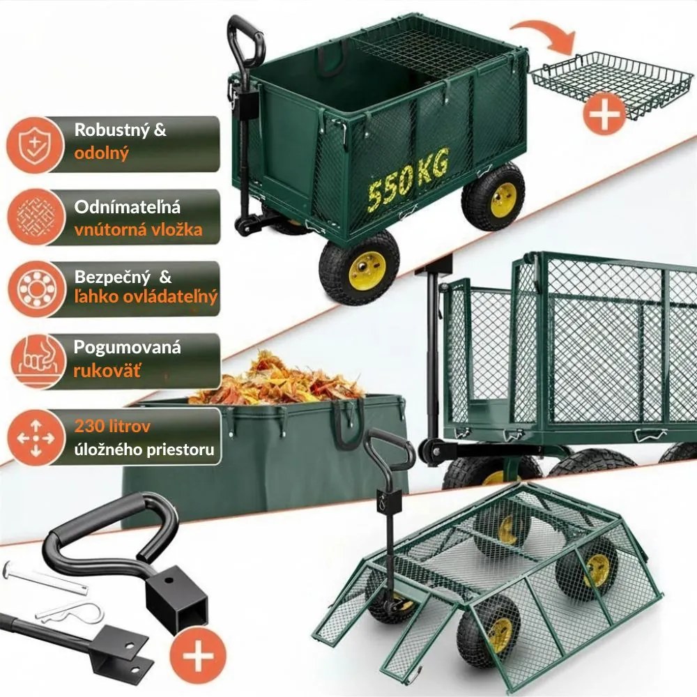 Transportný vozík HECTOR, max. 550kg, 110x75x52cm, zelený Gardebruk