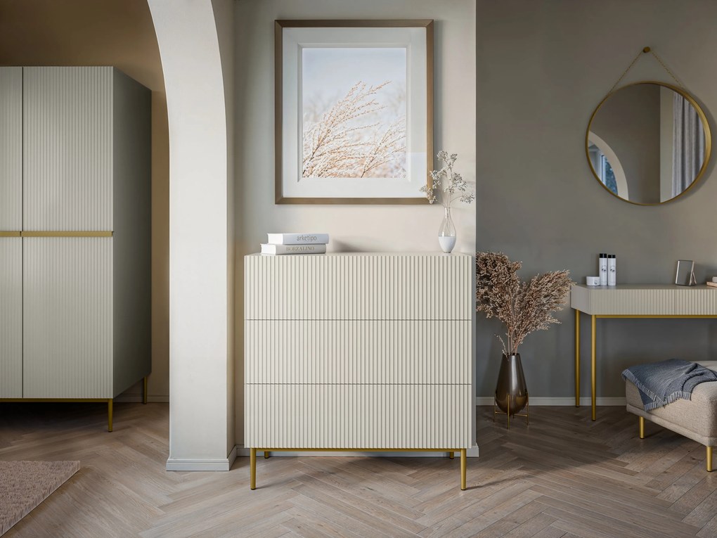 Komoda Nicole 100 cm so zásuvkami a ryhovaným čelom - kasmír / zlaté nožičky