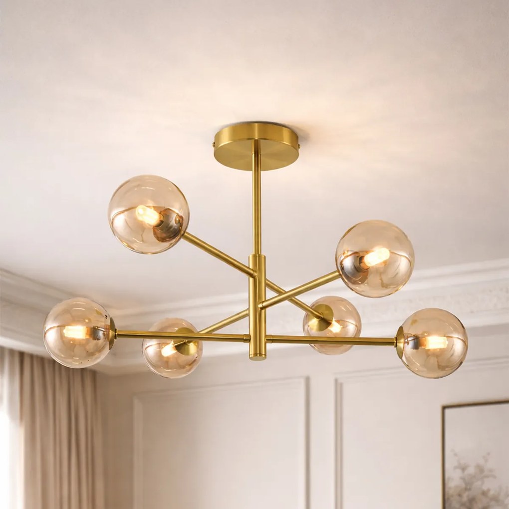 Moderné stropné svietidlo mosadzné s jantárovým sklom 6-svetiel - Ryan