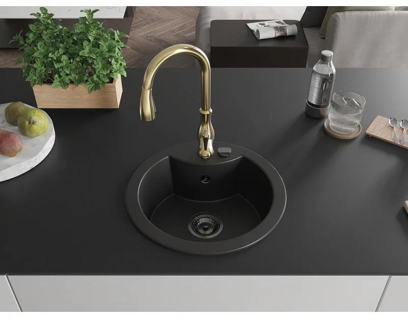 Mexen Diego, 1-komorový granitový drez 488x488x167 mm a drezová batéria Savita, čierna, 6512-77-672601-50-B