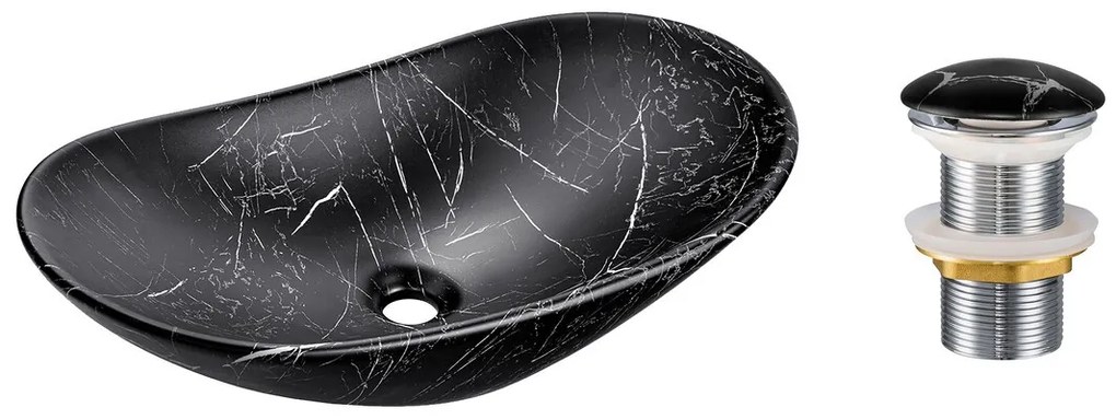 Sada keramického umývadla na dosku a výpusti LENA čierny mramor