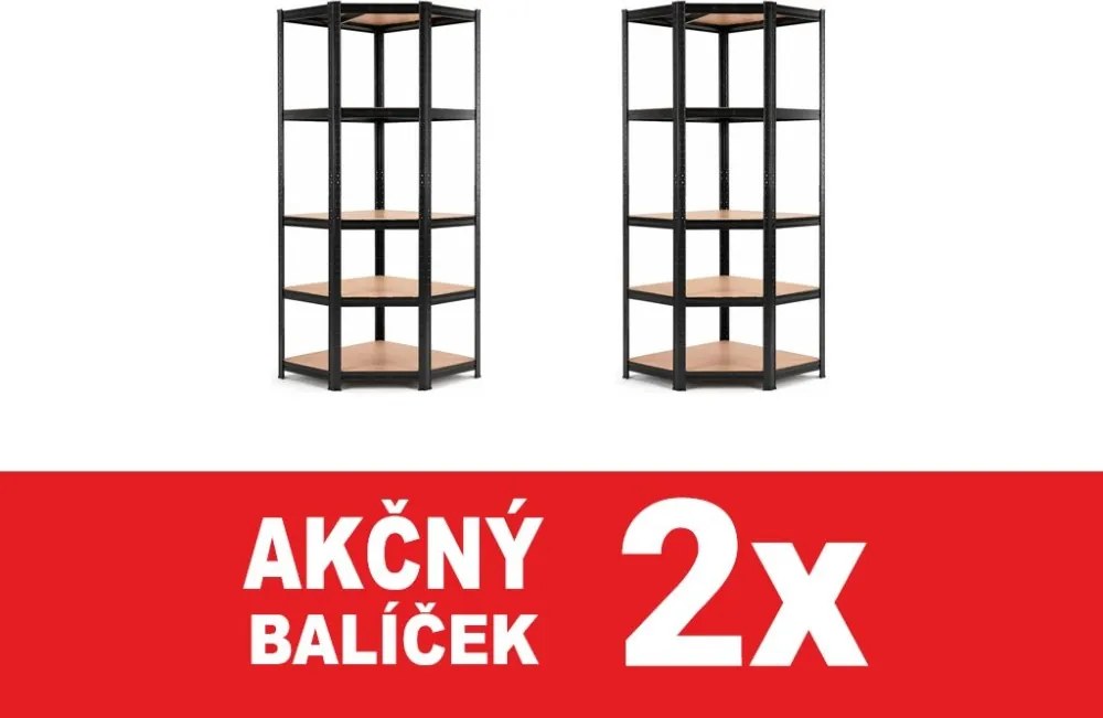 Akcia 2x Regál 180x90x40 cm rohový lakovaný 5-polícový, nosnosť 875 kg - čierny - 2ks